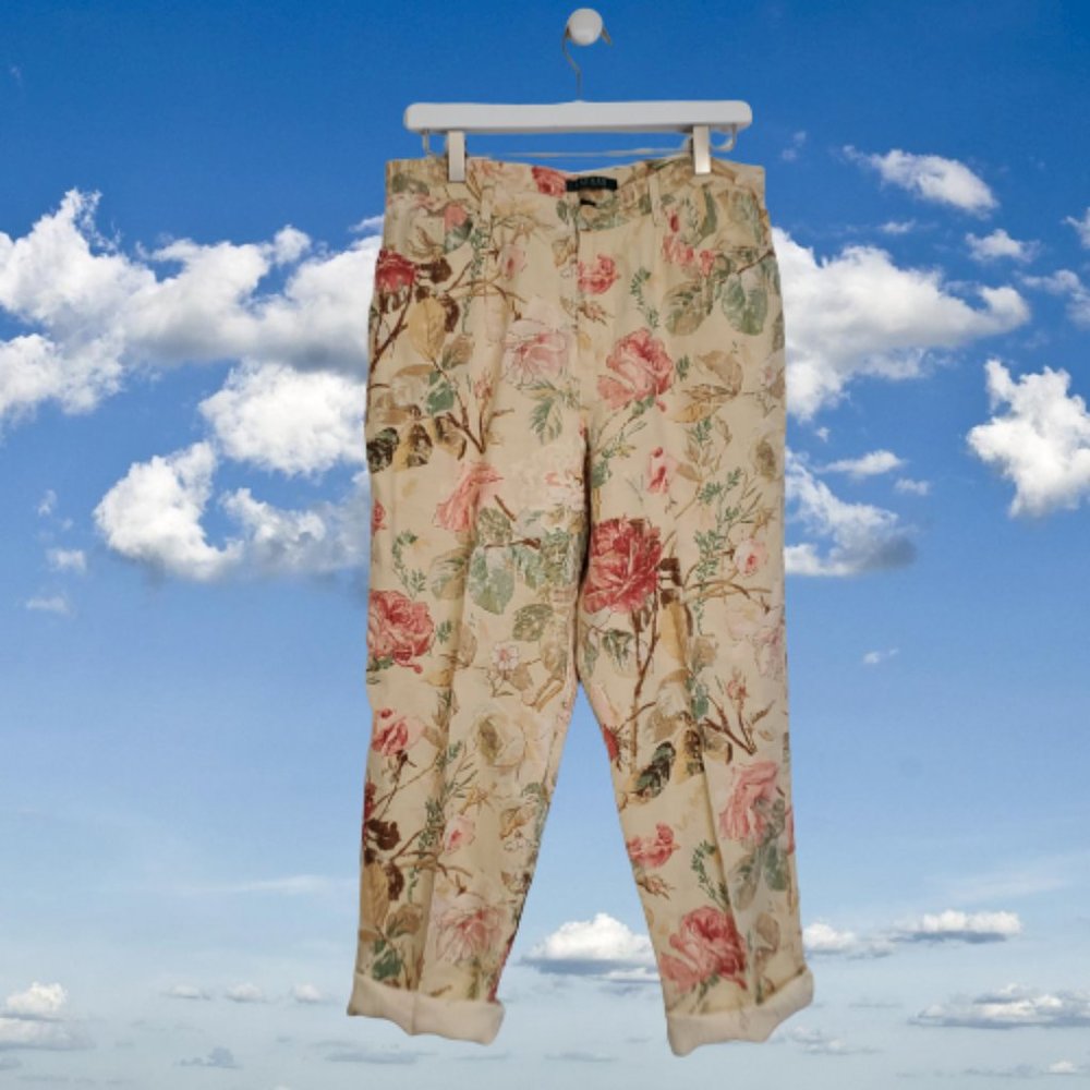 90s Lauren Ralph Lauren Floral Linen Pants Hi-Rise - Picture 1 of 6